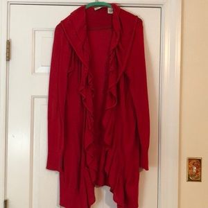 Red large sweater. Ruffled down front.